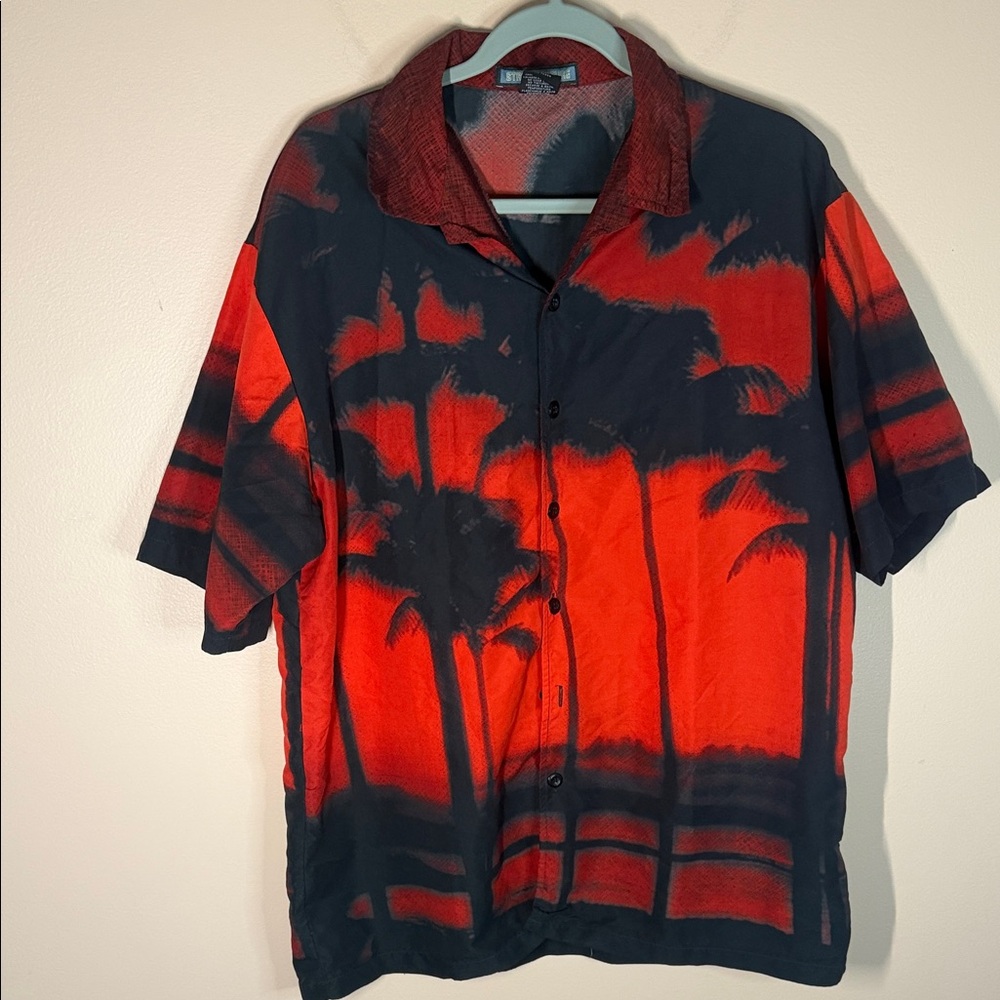 Street culture Red and Black Short Sleeve Button-Down Shirt
